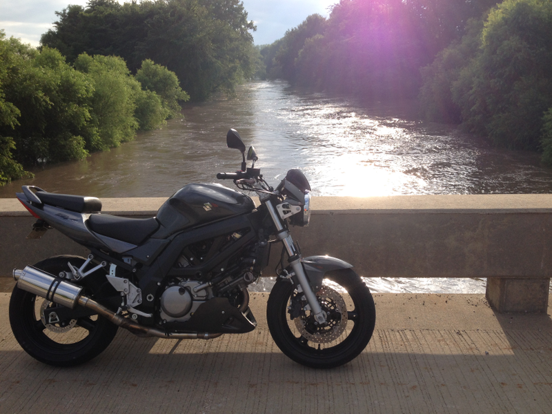 My Metallic Thunder Gray SV650NK8 by the English River in Iowa County, Iowa, USA.